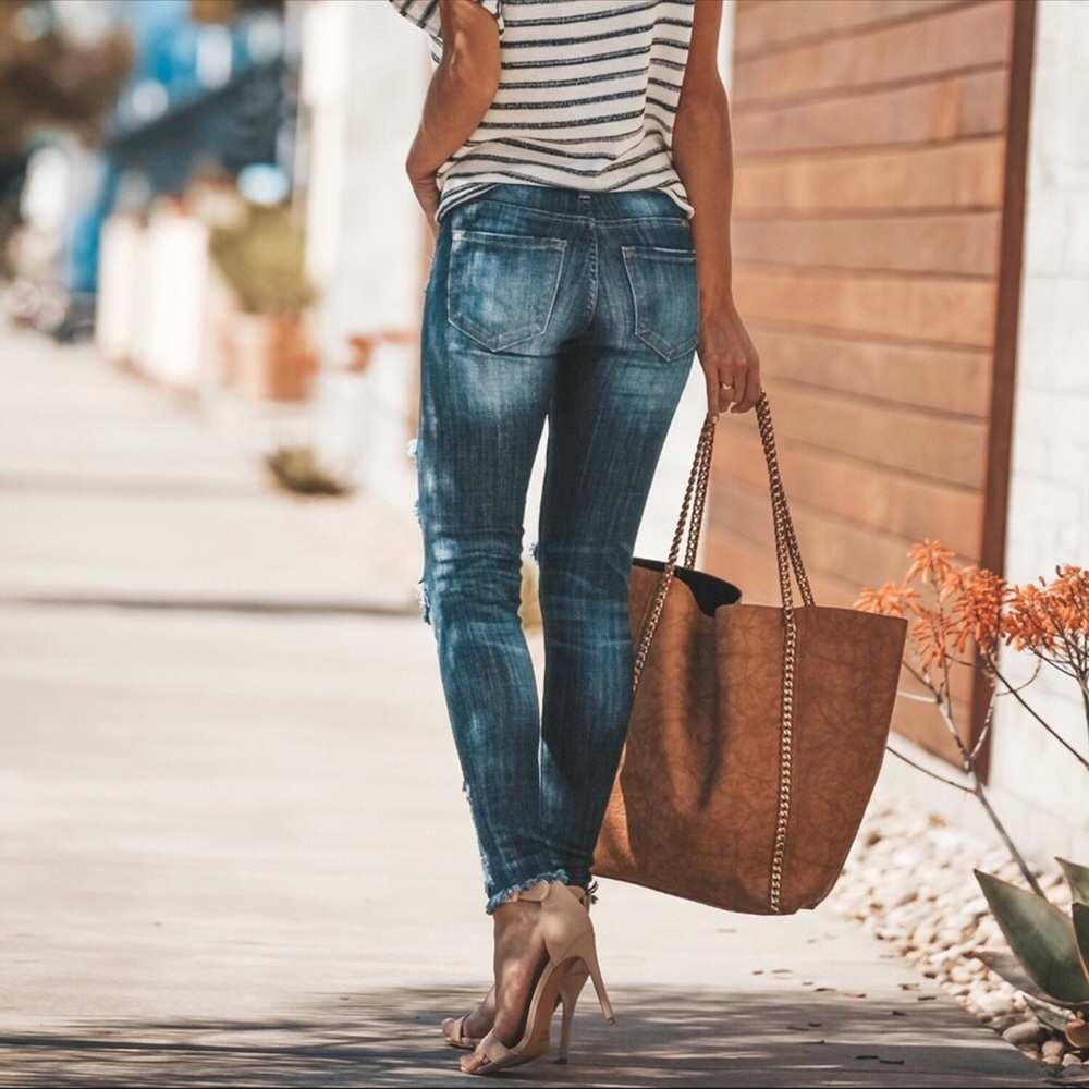 Distressed Denim Ankle Skinny Dark Wash Jeans - Picture 2 of 8